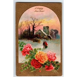 New Year Postcard Country Church Man Women Flowers Trees Embossed Germany 2149